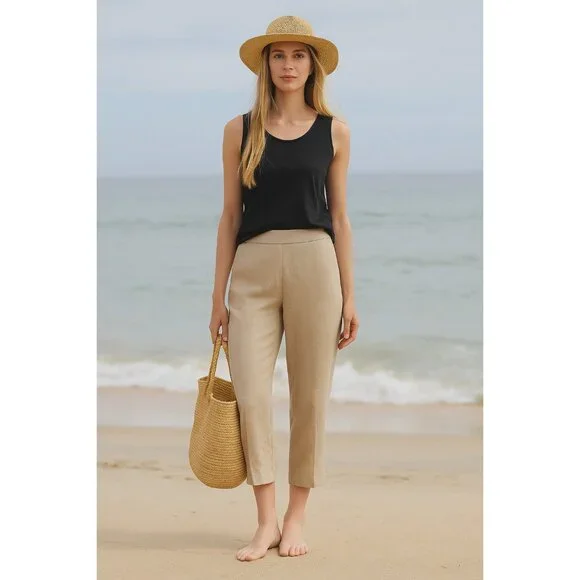 NWT Eileen Fisher Organic Linen Cropped Pant in Unnatural Pull-on Pants M - Picture 1 of 7